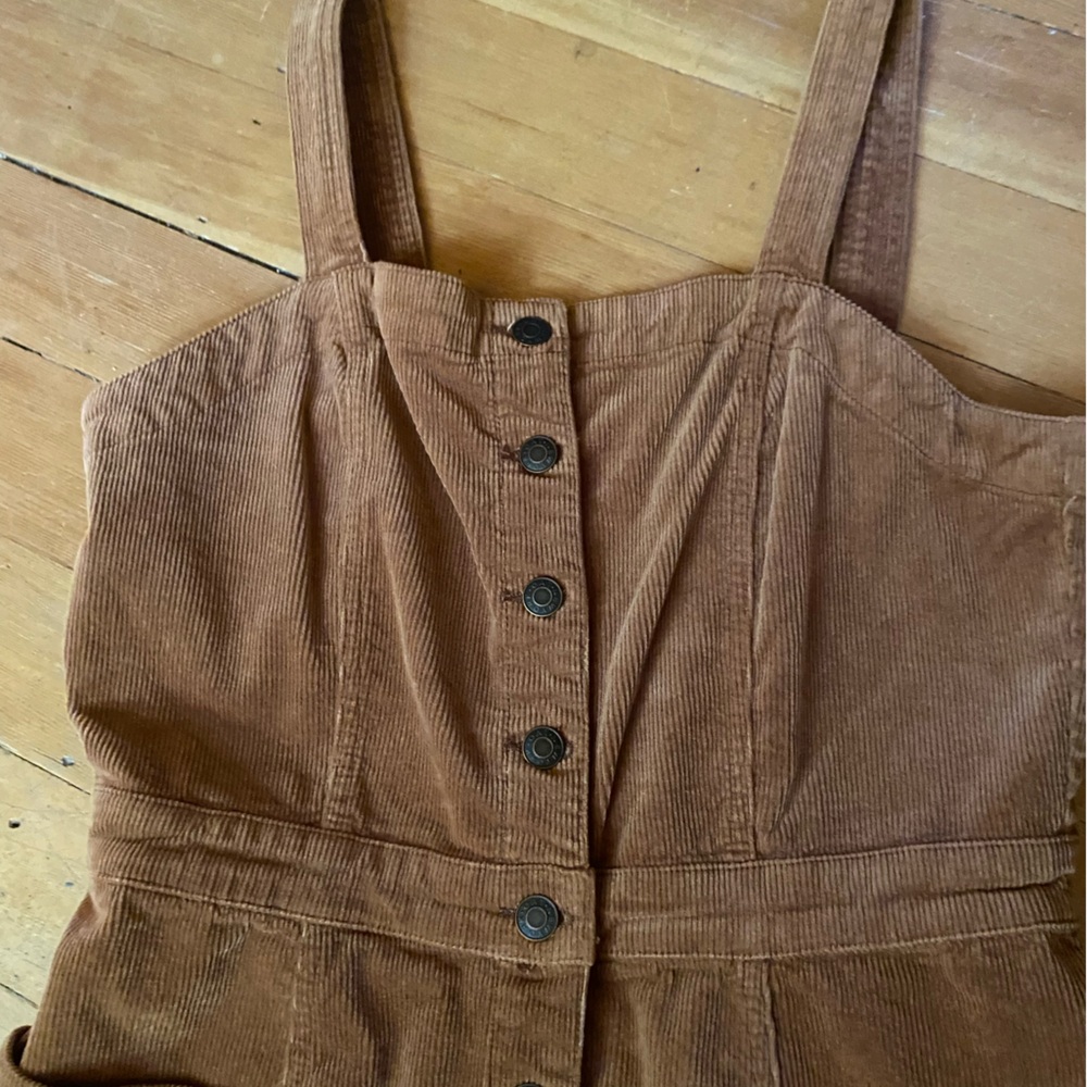 Boho Brown Corduroy Mini Dress Button Front Overall Style Size 10 - Picture 8 of 9
